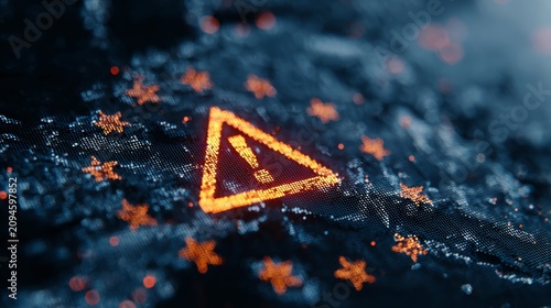 Warning symbol with stars in dark background showing data network and technology features at night