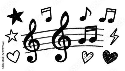 Hand drawn music notes doodle with stars and hearts on white