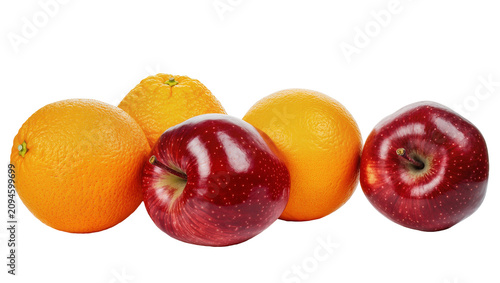 Fotografie Isolated fresh red apples and ripe oranges arranged side by side on a clean surf