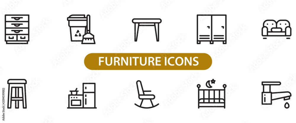 Obraz premium Detailed collection of simple black line art icons representing various household furniture items and home appliances arranged in two neat rows against a plain white background for modern design 