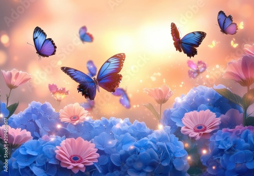 blue hydrangea and pink daisy garden with fluttering blue butterflies in a warm glowing sunset, dreamy magical and serene mood