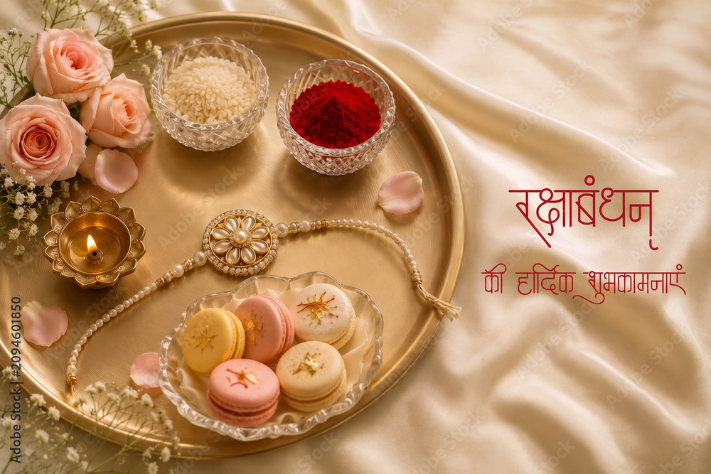 Naklejka premium Luxury Raksha Bandhan Rakhi Flat Lay creative background In Hindi Gujrati Marathi 