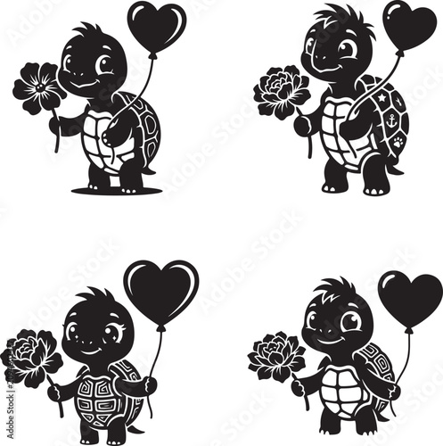 Sweet Romantic Cartoon Turtle Black Silhouette Mascot Logo Minimalist Vector Icon for Cute Nature Branding Projects