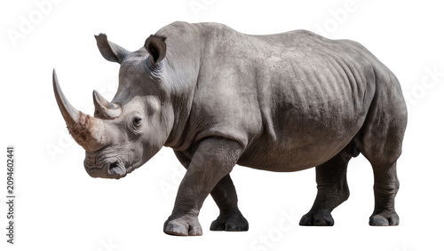 Tableau sur toile Isolated white rhinoceros walking, majestic powerful animal, endangered species