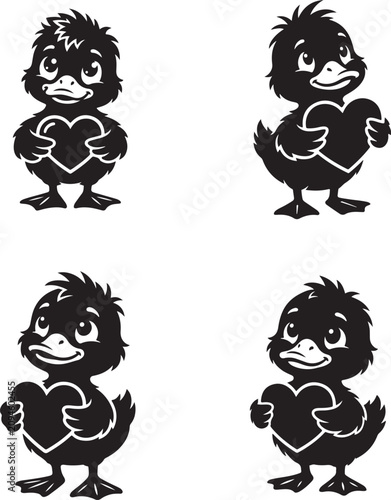 Cute Cartoon Duckling Holding Heart Black Silhouette Logo Mascot Minimalist Vector Icon for Love Branding Design