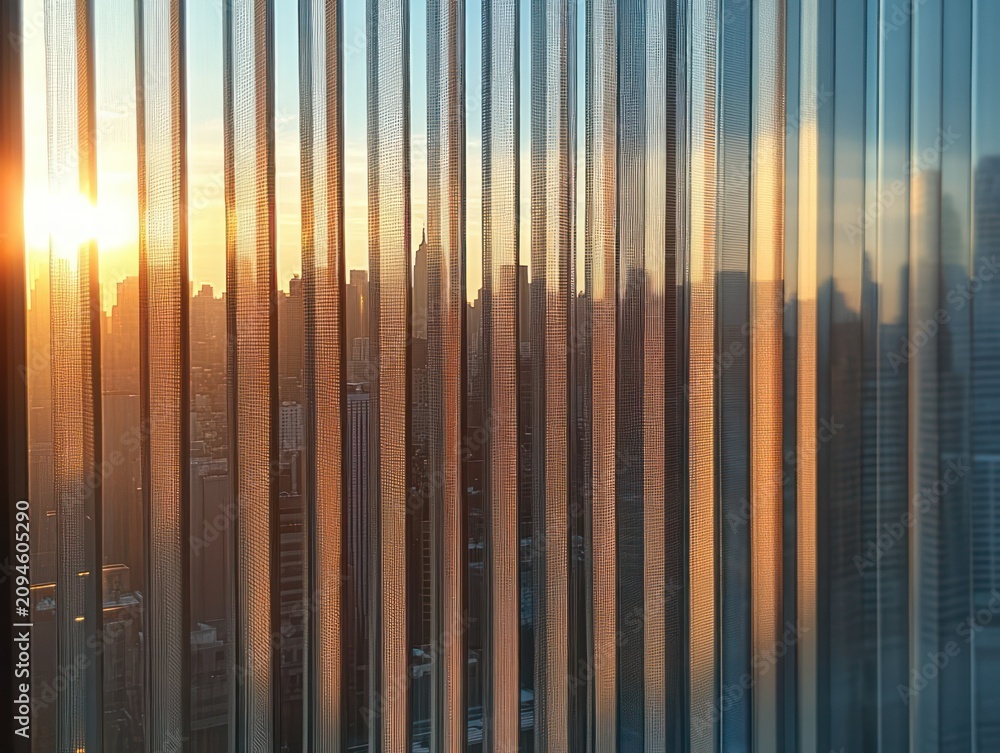 Fototapeta premium sunlit city skyline seen through vertical glass panels at golden hour, warm reflective and calm mood