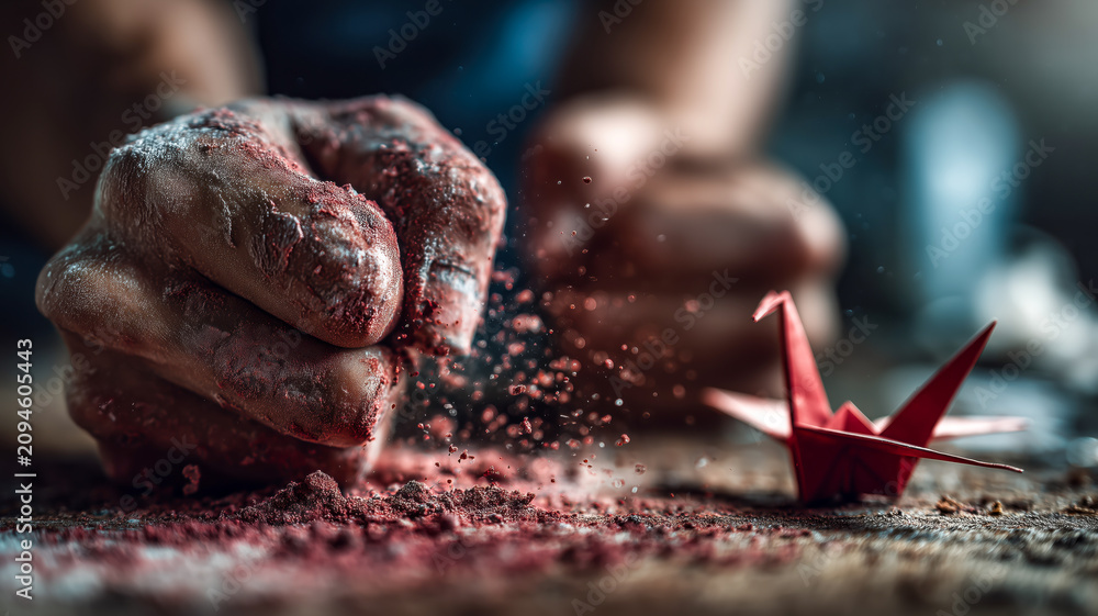 Fototapeta premium Fist of Fury vs. Delicate Crane: A Clash of Power and Fragility