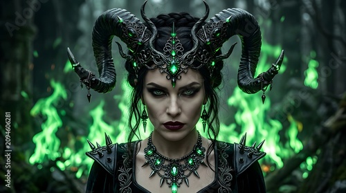 Mystical woman with horns in enchanted forest with green flames