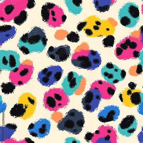 hand-painted colorful leopard spot pattern with pink teal blue yellow orange and black brushstroke centers on a cream background, playful and energetic