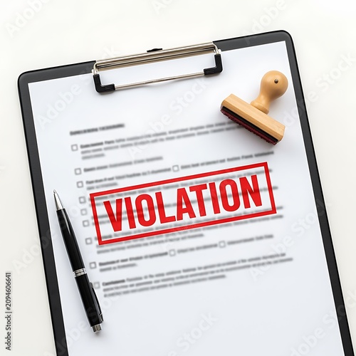 Violation Stamp on Document with Clipboard and Pen Signifies Non compliance