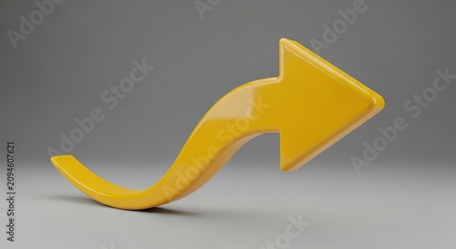 Glossy Yellow 3D Curved Arrow Pointing Upwards Symbolizing Growth and Success on a Gray Background