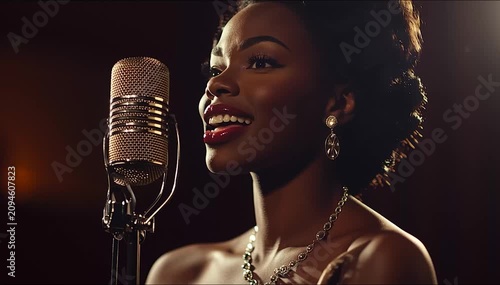 CINEMATIC THREE QUARTER PROFILE PORTRAIT OF A BEAUTIFUL AFRICAN AMERICAN JAZZ SINGER SINGING INTO A VINTAGE MICROPHONE IN THE 1930S