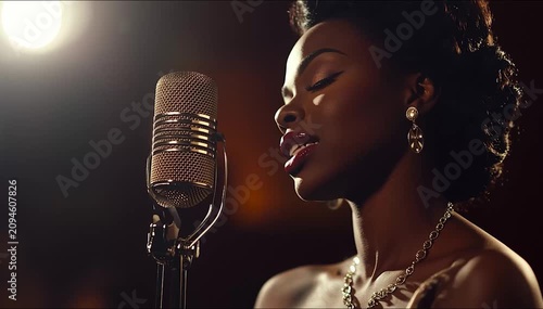 CINEMATIC THREE QUARTER PROFILE PORTRAIT OF A BEAUTIFUL AFRICAN AMERICAN JAZZ SINGER SINGING INTO A VINTAGE MICROPHONE IN THE 1930S