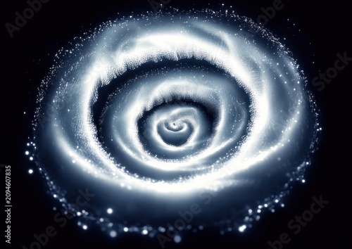silvery-blue glowing spiral vortex of stardust and light particles on a dark background, ethereal and mesmerizing