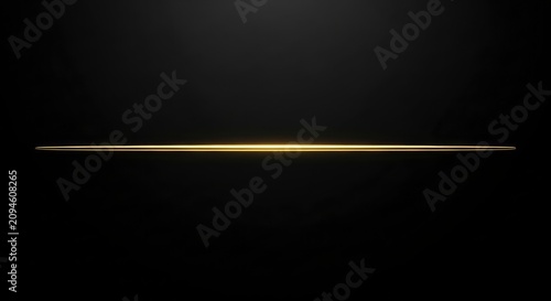 Minimalist horizontal glowing gold line on black background. Abstract luxury light streak graphic for presentation and cinematic backdrop.