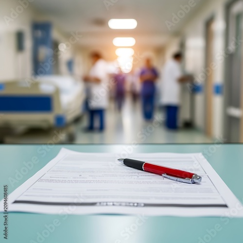 Healthcare Medical Forms and Pen on Table in Hospital Hallway