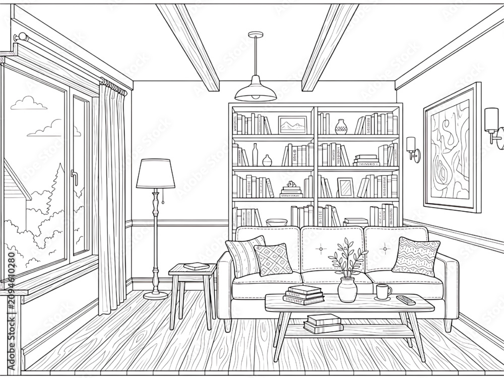 Fototapeta premium Living Room Interior Line Art – Detailed Home Interior Vector Illustration 