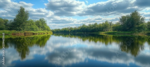 Calm reflective river bordered by lush green trees under a blue sky filled with fluffy clouds, peaceful and serene summer landscape