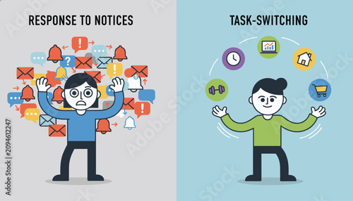 Comparison of a stressed woman overwhelmed by notifications and a balanced woman successfully juggling daily activities.