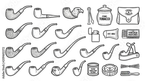 Photos Vintage Smoking Pipe Collection and Accessories - Hand Drawn Illustration