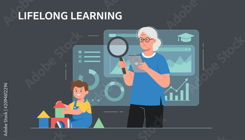 Senior woman learning online next to a playing child to represent lifelong education and digital literacy for all ages.