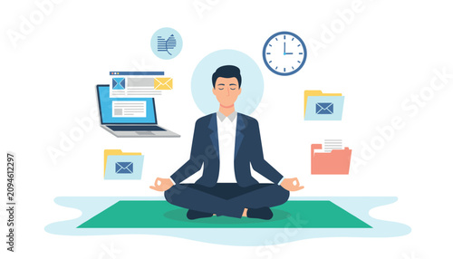 Businessman meditating cross legged in a lotus pose to manage his busy workload and maintain a healthy mind at work.