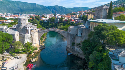 Konstfotografi Top down aerial drone view of the historic Stari Most Mostar Old Bridge over Ner