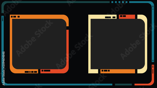 Retro futuristic 80s or 90s movie style versus vector template background. Battle or competition concept template. Two sci-fi retro frames for video or battle comparison. 16:9 template for duel.