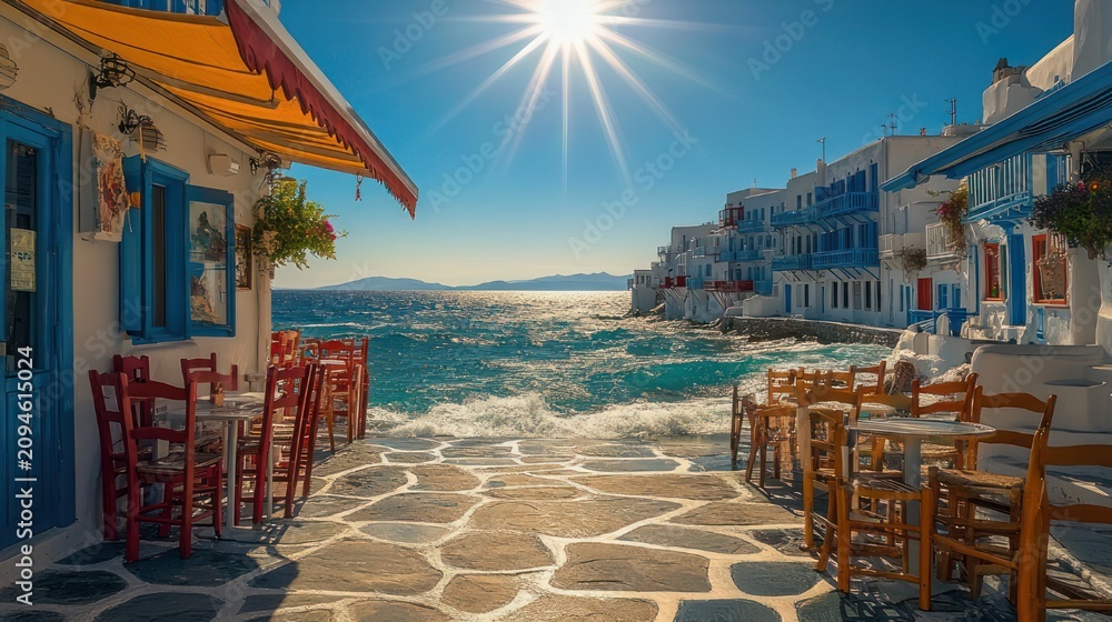 Fototapeta premium Sunlit Mediterranean seaside village with whitewashed buildings, blue shutters, stone-paved walkway leading to sparkling sea, empty cafe chairs, serene inviting mood