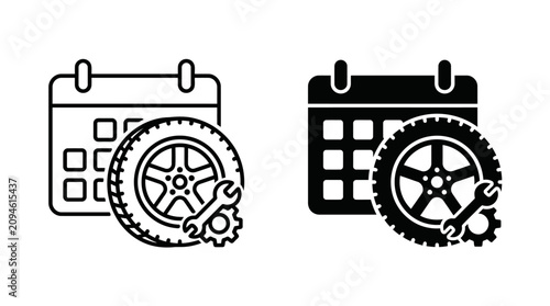 Calendar with Car Wheel Tire Vector Icon Set – Outline and Solid Black Glyph Vehicle Maintenance Schedule Automotive Service Symbol
