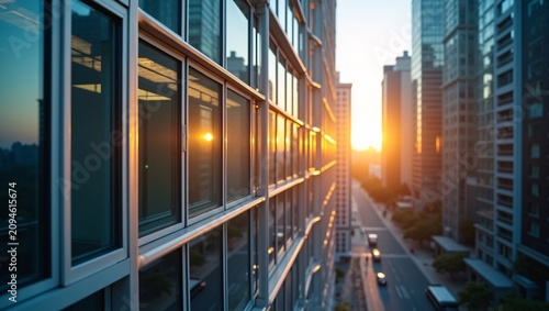 Office glass facade reflecting sunset, urban street and skyscrapers below