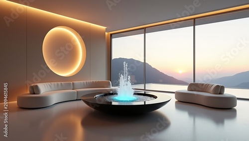 Modern minimalist living room with glowing fountain, curved sofas and mountain sunset view