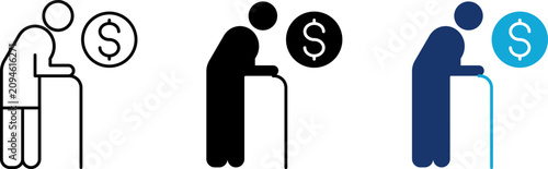 Fotografie Retirement fund icon set, old man with walking stick and dollar coin, senior pension savings plan, elderly social security finance benefit, line and flat color style illustration graphic