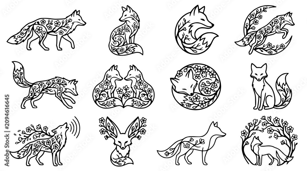 Fototapeta premium Artistic Fox Illustrations Set: Floral Designs, Line Art, Nature Motifs