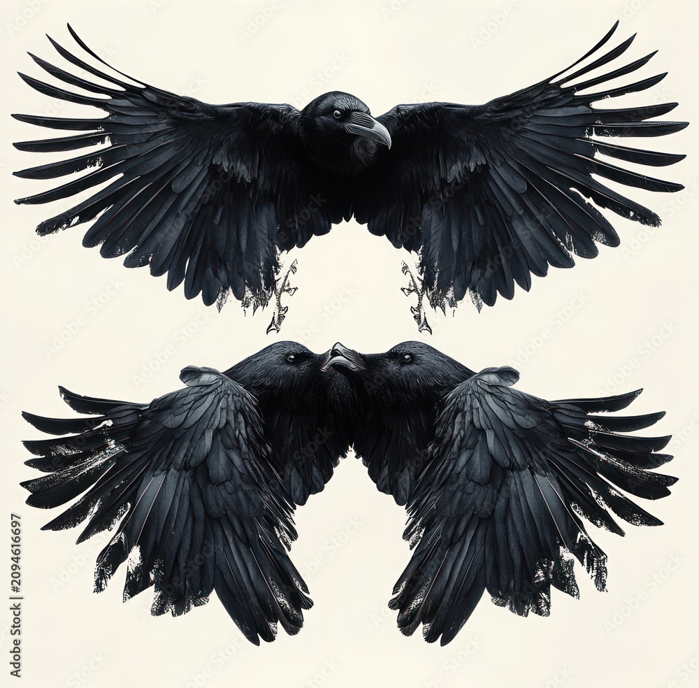Obraz premium Three black ravens with outstretched wings on a pale background, one soaring above two facing each other with beaks touching, dramatic and mysterious mood