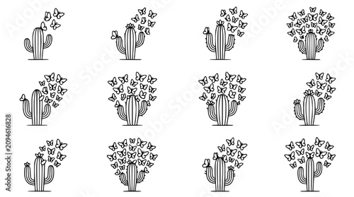 Cactus Plants with Swarms of Butterflies, Minimalist Line Art, White Background