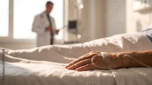 Close up of older patient hand with IV line in hospital room with caring healthcare doctor blurred in background