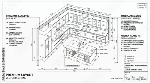 Bild auf Leinwand Isometric view of a modern smart kitchen layout with appliance specifications
