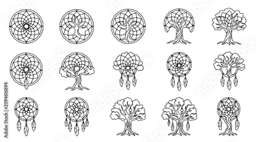 Принти на полотні Dreamcatcher Tree Icons Set: Native American Symbols, Spiritual, Nature, Boho St