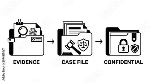 Quadro su tela Sequential legal document workflow with evidence and case files.