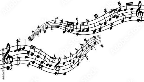 Black and white music notes wave illustration with treble clef