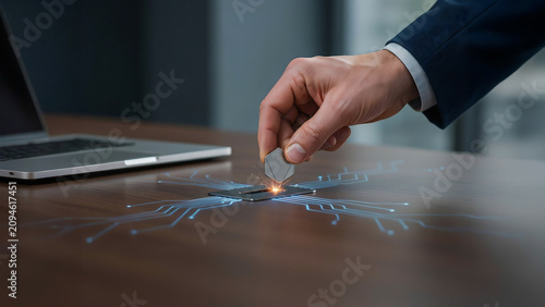 Business person placing a metallic component onto a glowing digital circuit board interface for advanced technology integration