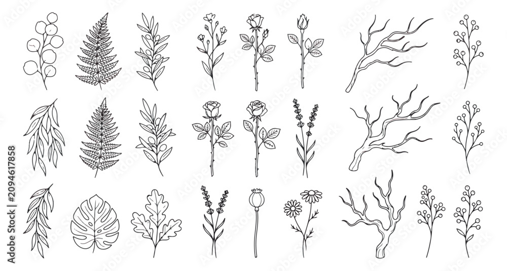 Fototapeta premium Minimalist botanical line art collection, 21 hand drawn floral icons and leaf illustrations, elegant black ink nature sketches on white background