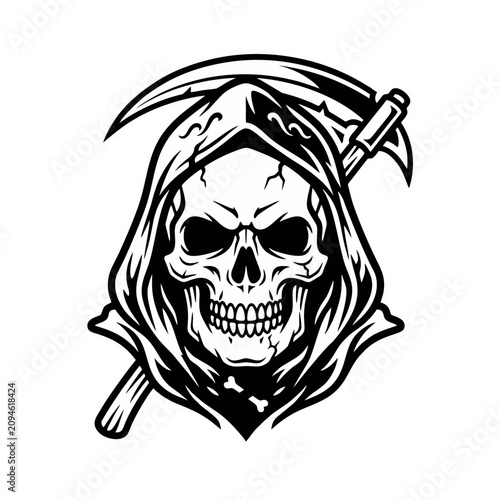 Fotografi A detailed depiction of a skeletal figure in a hooded robe carrying a large scyt