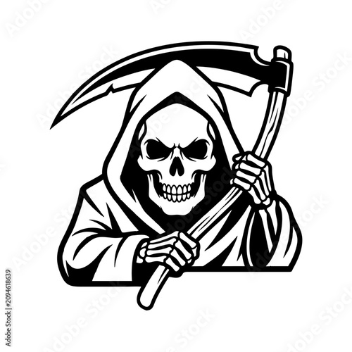 Foto Sinister hooded figure with skeletal features and a large scythe represents a sp