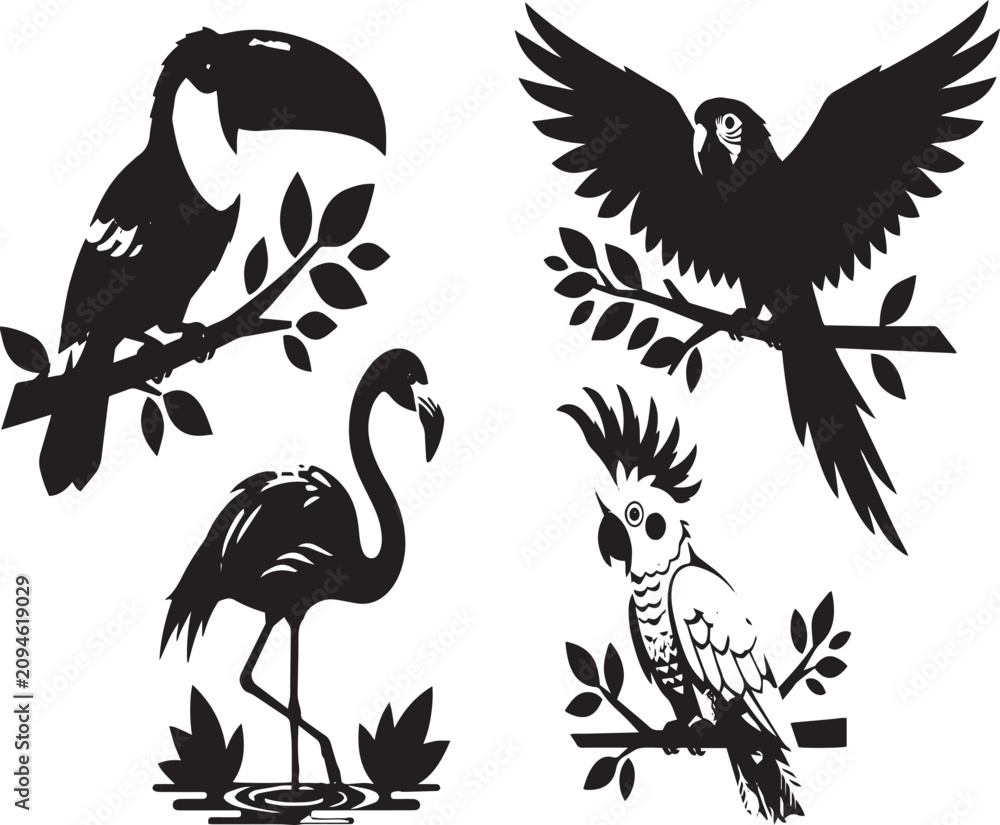 Obraz premium Black and white bird illustrations perched on branches. Minimalist wildlife vector art with detailed feather textures. Nature-themed decorative gra...