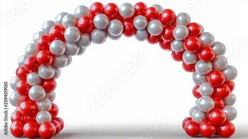glossy red and silver clustered balloon arch on white background, festive celebratory decoration conveying a cheerful party atmosphere