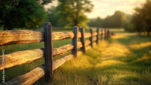 rustic wooden split-rail fence stretching through a sunlit grassy meadow with trees, warm golden light and a peaceful tranquil atmosphere