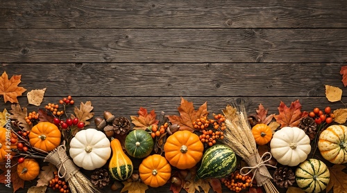 Festive halloween autumn harvest pumpkins leaves and wheat on rustic wood for fall decor