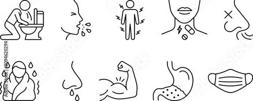 Foto Medical illness icons set, common cold virus infection and flu line symbol collection, body health disease symptoms, stomach pain fever cough face mask, simple outline style graphic illustration